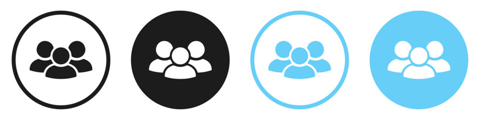 Group user icons set in black and blue. People avatar symbol, teamwork, social network, community, collaboration, flat vector design. Interface, profile, communication and web. Vector illustration.