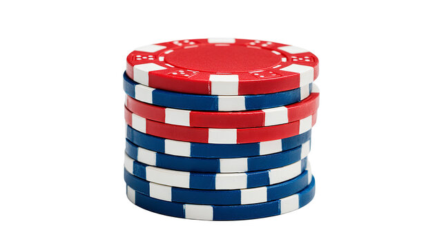 A close-up view of a stack of poker chips in red, white, and blue colors on black background.