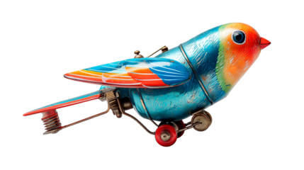 A colorful and detailed vintage wind-up tin toy bird stands out on a black background.