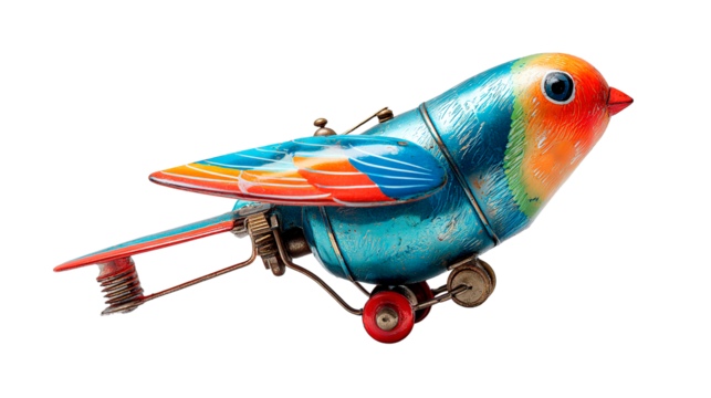 A colorful and detailed vintage wind-up tin toy bird stands out on a black background.