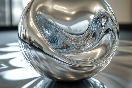 A gleaming, reflective silver sphere rests on a surface, distorting its surroundings in a mesmerizing, abstract reflection.
