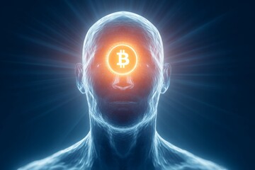 A stylized image of a human head with a glowing Bitcoin symbol at the center of the forehead. The image evokes a sense of cryptocurrency's prominence in our minds and digital age.