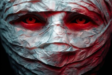 Close-up of a face wrapped in textured fabric, eerie red eyes glowing in the dimly lit scene. A mysterious and haunting image.