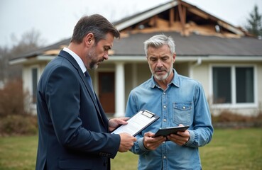 Insurance agent explains policy details to homeowner standing in front of damaged house after severe storm. Man shows documents, uses tablet to discuss repair, rebuild compensation. Financial