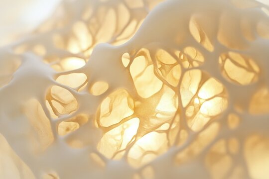 A close-up, abstract image of a porous, light-colored structure, seemingly organic, illuminated from behind to create a soft and inviting texture.