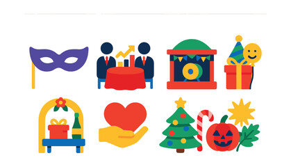 Flat vector icons of themed events and special occasions: masquerade mask, corporate gala icon, cultural festival stage, kids’ birthday party, bridal shower setup, charity fundraiser badge, holiday