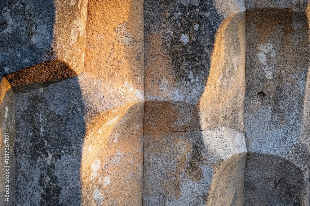 Poster sunlight illuminates ancient stone blocks with textured surfaces, creating shadows and highlights fo