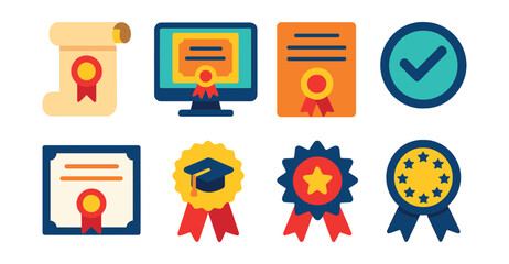 Flat vector icons of certificates and diplomas: certificate scroll icon, digital diploma badge, course completion icon, verification stamp, printable certificate, graduation ribbon, academic