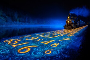 A vintage steam train magically glides across a dark lake at night, leaving a trail of glowing numbers in its wake.  A captivating display of light and steam.