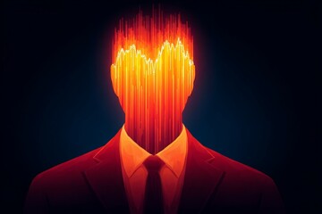 Abstract portrait of a man in a suit, his head replaced by a fiery data stream.  Intense energy and information overload.
