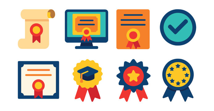 Flat vector icons of certificates and diplomas: certificate scroll icon, digital diploma badge, course completion icon, verification stamp, printable certificate, graduation ribbon, academic