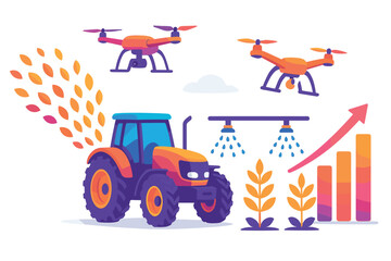 Farm scene with a tractor spraying water on plants