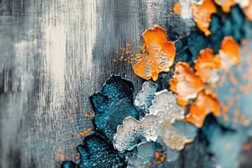 An abstract painting featuring textured, layered flowers in shades of orange, blue, and white on a grey backdrop.