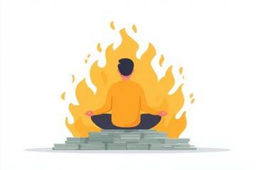 A man meditates atop a stack of money engulfed in flames.  A striking illustration of financial risk or burning through wealth.