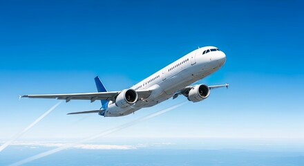 Fototapeta premium White airplane flying in the blue sky with clouds in the background scenery