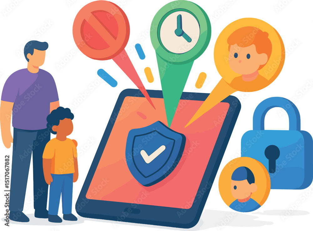 Aufkleber man and a child are standing in front of a tablet with a security lock on it