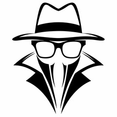 Black and white spy detective with hat and glasses vector illustration for logo and graphic design projects