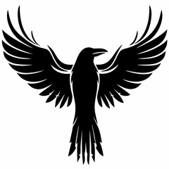 Black raven flying wings spread vector illustration for logo design and tattoo art and graphic design use