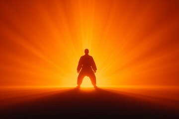 Silhouette of a male martial artist in a meditative pose, bathed in warm, orange light. A powerful image representing peace, strength, and inner focus.
