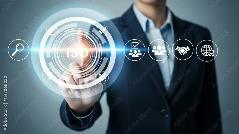 Poster person in suit interacting with iso certification interface on a digital display screen panel