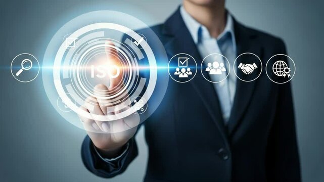 Person in suit interacting with iso certification interface on a digital display screen panel