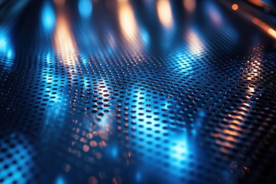 A close-up of perforated metal with an iridescent blue and orange lighting creating a futuristic and technological texture.