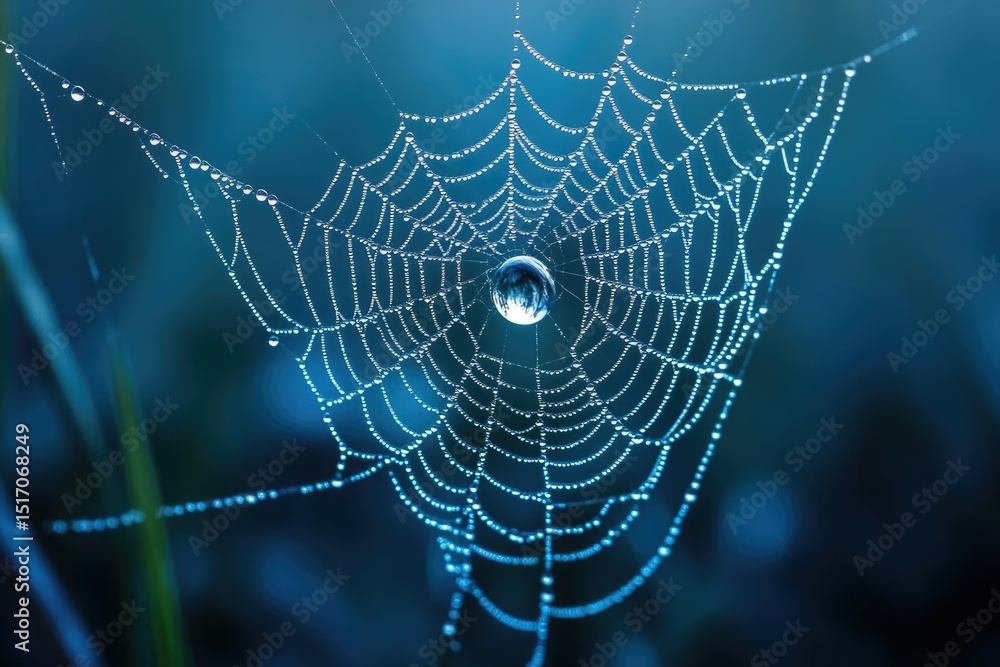 Poster a spiderweb glistening with dewdrops, creating a delicate and intricate pattern against a blurred bl