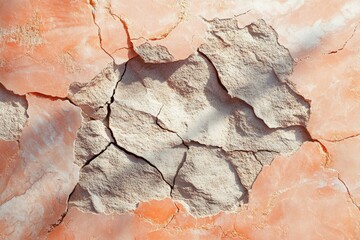 Cracked peach-colored surface reveals rough, textured gray material underneath, showcasing a unique pattern of decay and geological transformation.