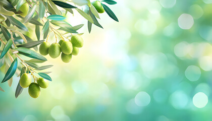 Background olive branch on a green background. green olives. olive oil. green banner. copy space