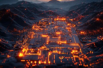 Futuristic city landscape merging circuit board aesthetics with mountainous terrain, illuminated with orange lights during twilight.