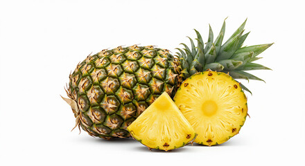 Whole pineapple with slice and wedge isolated on white background – tropical fruit for healthy food, juice ingredients, exotic nutrition and summer diet concepts