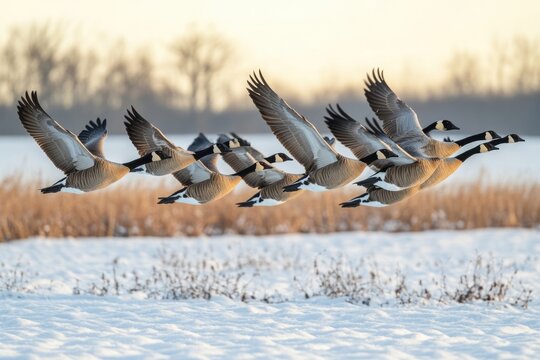 A flock of Canada geese fly in formation over a snow-covered field on a winter's day.