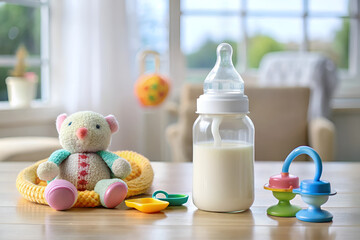 Baby Bottle with Milk and Toys on a Wooden Table