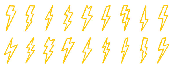 Crayon thunder doodle set. Chalk pencil lightning in sketch style. Hand drawn vector illustration isolated on white background.