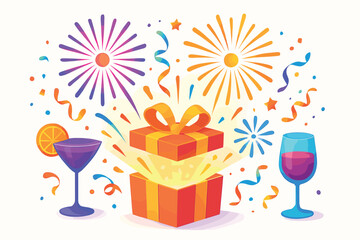 Colorful box with a red ribbon is opened to reveal a bottle of wine