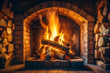Traditional Brick Fireplace with Burning Logs