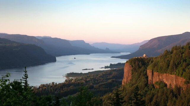 Scenic timelapse of the Columbia River Gorge at sunset.