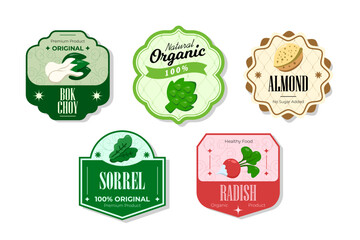 Different retro vegetables banner and labels. Packaging tags with bok choy, sorrel, almond, radish. Set of seasonal vegetables labels stickers and marks or badges template for packaging
