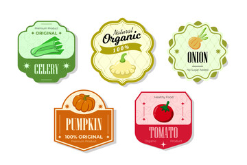 Different retro vegetables banner and labels. Packaging tags with celery, onion, pumpkin,, tomato. Set of seasonal vegetables labels stickers and marks or badges template for packaging