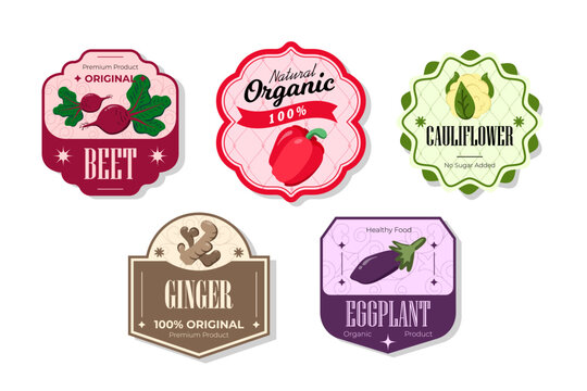 Different retro vegetables banner and labels. Packaging tags with beet, ginger, eggplanet, pepper, cauliflower. Set of seasonal vegetables labels stickers and marks or badges template for packaging