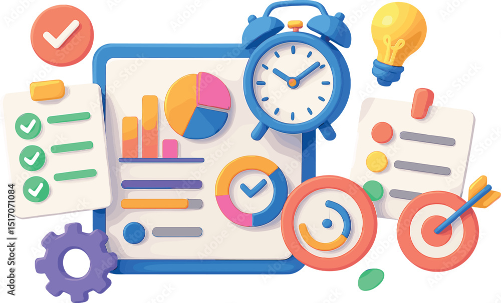 Poster colorful and creative image with a clock and a light bulb on it