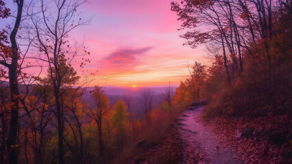 Fototapeta premium Autumn Sunrise Trail A Breathtaking View of Colorful Fall Foliage