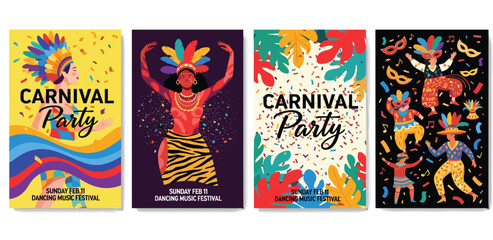Carnival. 2025. Vector modern abstract illustration of dancing Brazilian woman at carnival in Brazil, feather background, Venetian mask, icons for poster, cover, flyer, invitation or leaflet 