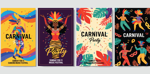 Obraz premium Carnival. 2025. Vector modern abstract illustration of dancing Brazilian woman at carnival in Brazil, feather background, Venetian mask, icons for poster, cover, flyer, invitation or leaflet 
