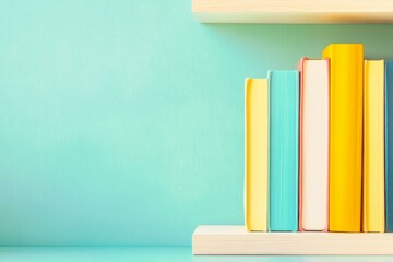 Fototapeta premium Minimalist library mockup with teal and orange books on shelf, modern aesthetic design background