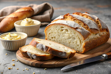 Sliced Bread with Butter on a Wooden Board
