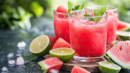 Refreshing watermelon cooler with lime and mint garnish on rustic wooden board