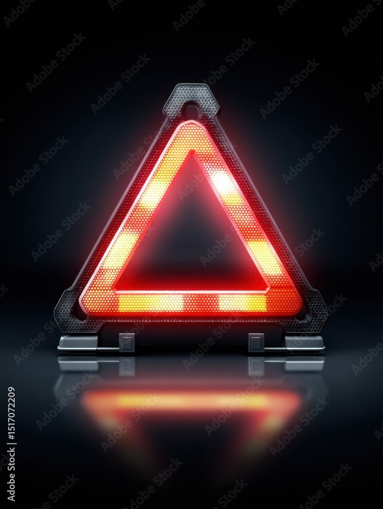 Poster warning triangle with blinking lights displayed against a dark background indicating roadside cautio