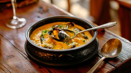  Rustic Portuguese xerem de ameijoas with mussels served as main course in traditional ceramic bowl