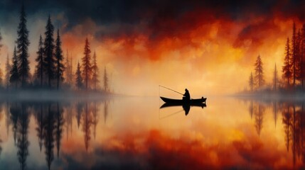 Silhouetted Fisherman on a Calm Lake at Sunrise